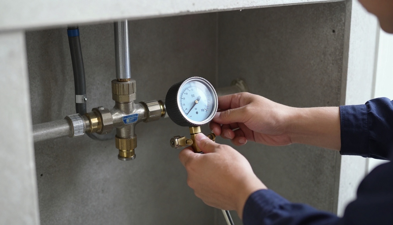 A plumber&rsquo;s gloved hands attaching a calibrated pressure gauge to a suite laundry or bathroom fixture connection while testing water pressure in a high-rise condominium unit, with modern condo finishes visible in the background