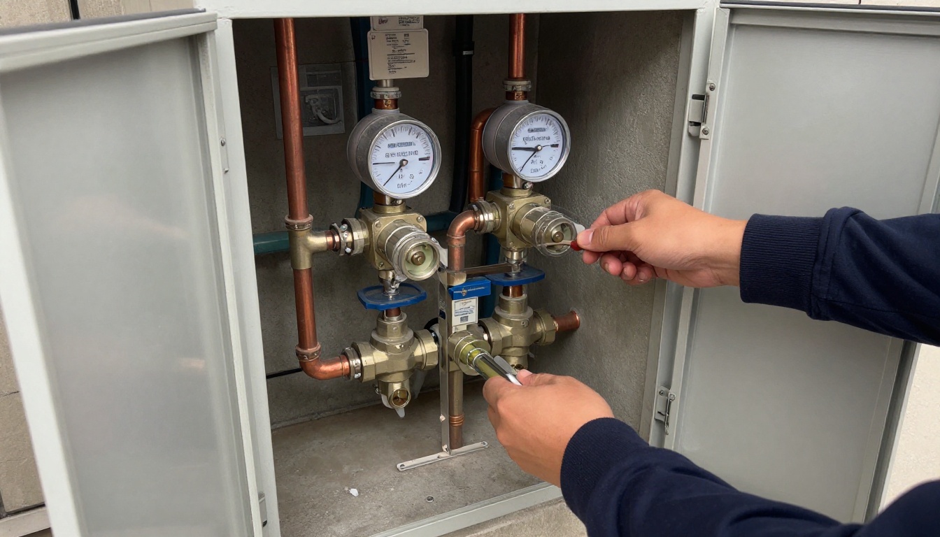 Open suite service cabinet in a condominium showing a water submeter, shutoff valves and copper piping, with clear access for inspection and no people visible