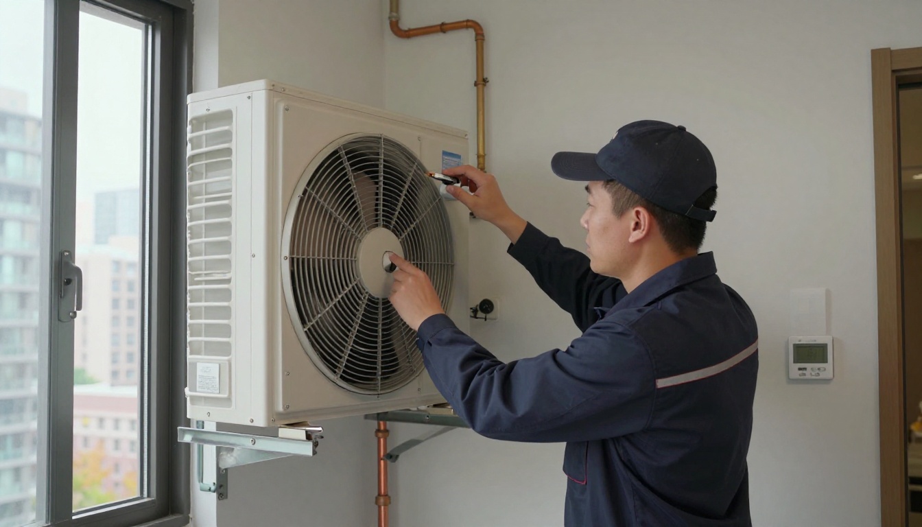 A Hudson HVAC technician in a dark navy uniform testing a condo thermostat and checking warm airflow from an in-suite fan coil in a modern Toronto high-rise during fall A Hudson HVAC technician in a dark navy uniform testing a condo thermostat and checking warm airflow from an in-suite fan coil in a modern Toronto high-rise during fall