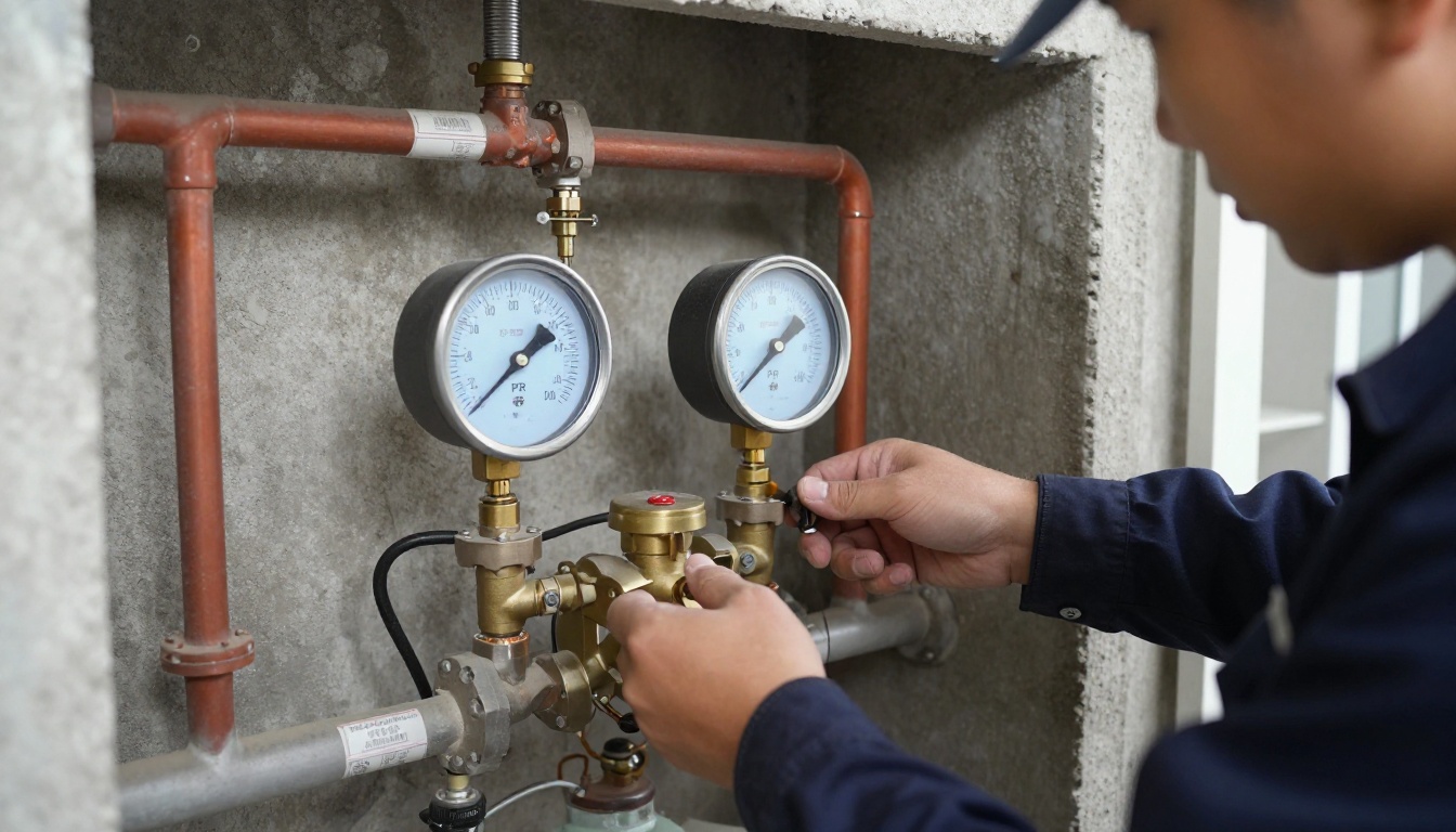 A mechanical room technician&rsquo;s gloved hands checking pressure at a gauge beside a brass PRV and thermal expansion tank on a condominium domestic water system, with tagged valves and copper piping in frame