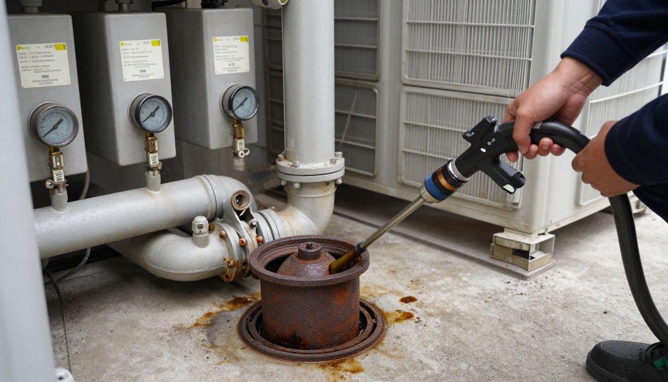 A close-up of a dull grey cast iron condominium kitchen stack cleanout with a high-pressure jetting hose feeding into it in a mechanical room, with grease residue and valve tags visible nearby