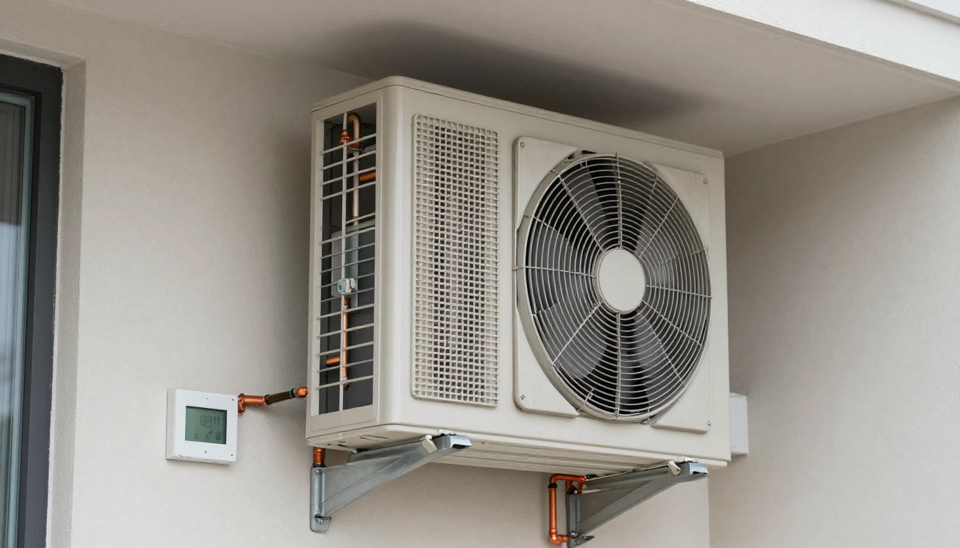Close-up of a frozen condensate line on a fan coil unit during a Toronto winter