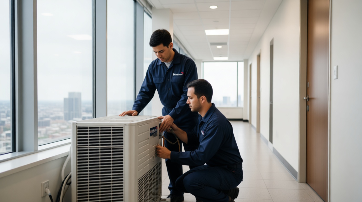 A Hudson HVAC technician inspecting a condo heat pump unit in a Toronto high-rise hallway