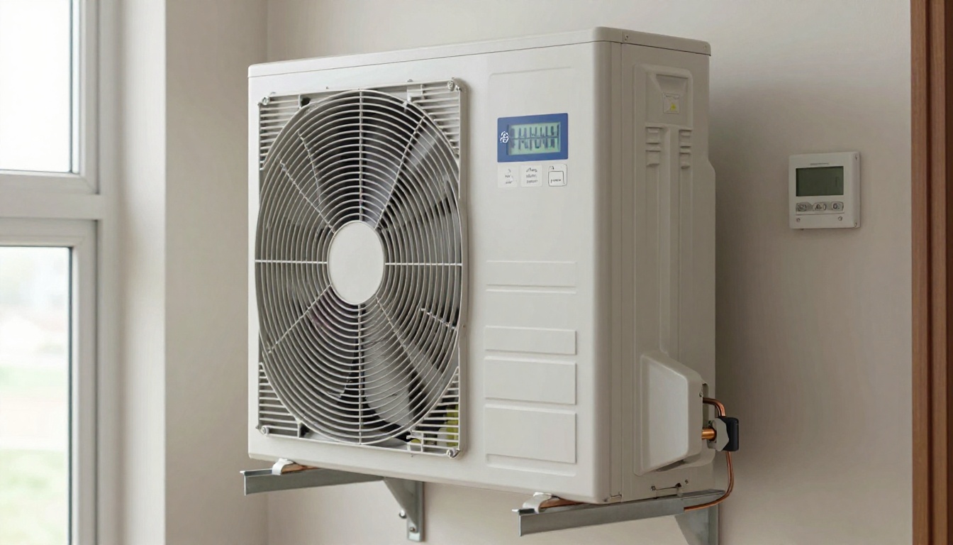 Close-up of an evaporator coil inside a fan coil unit, showing copper tubing and aluminum fins.