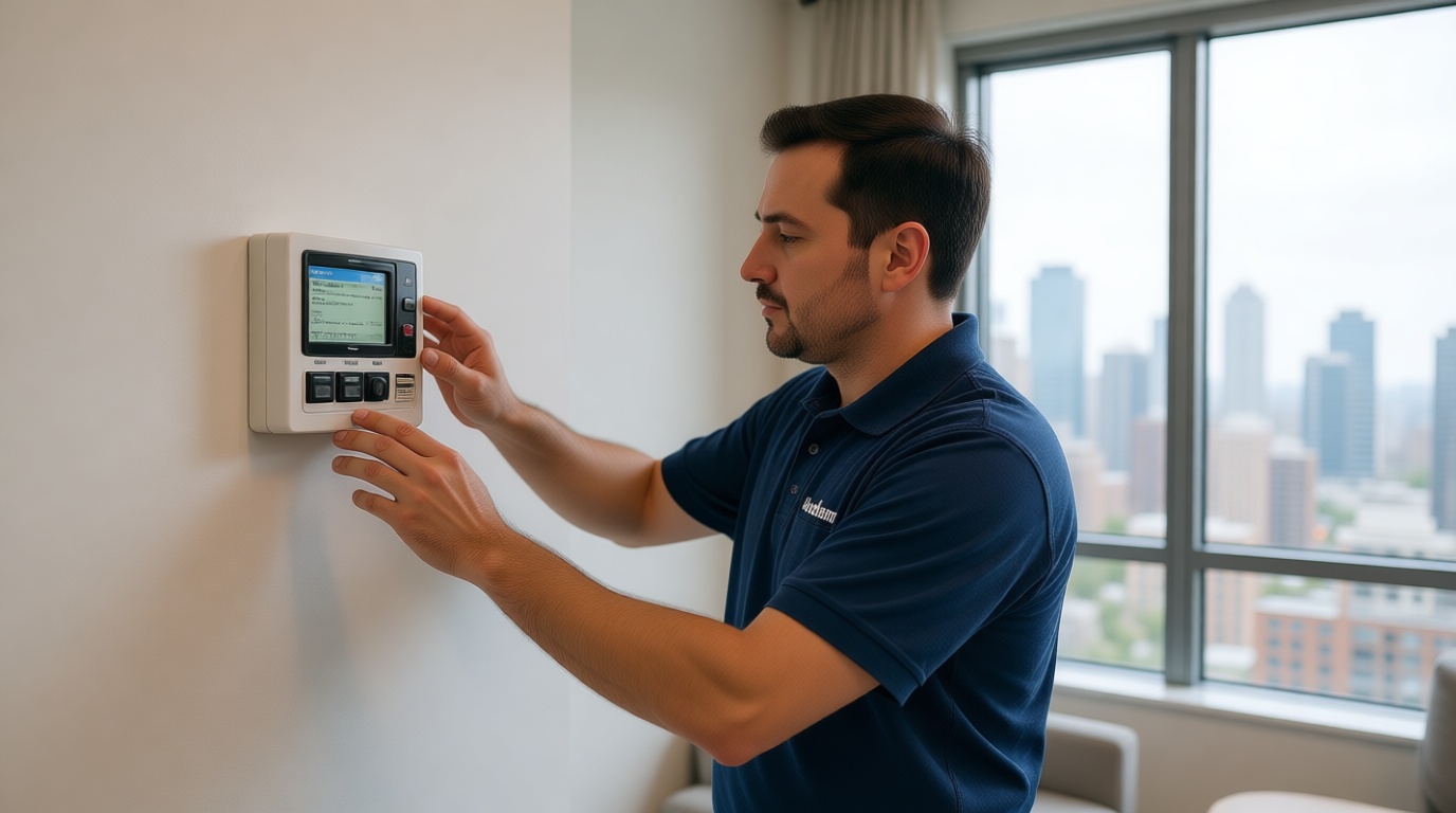 A Hudson HVAC technician inspecting a wall-mounted thermostat in a modern Toronto condo living room, with city views through a window