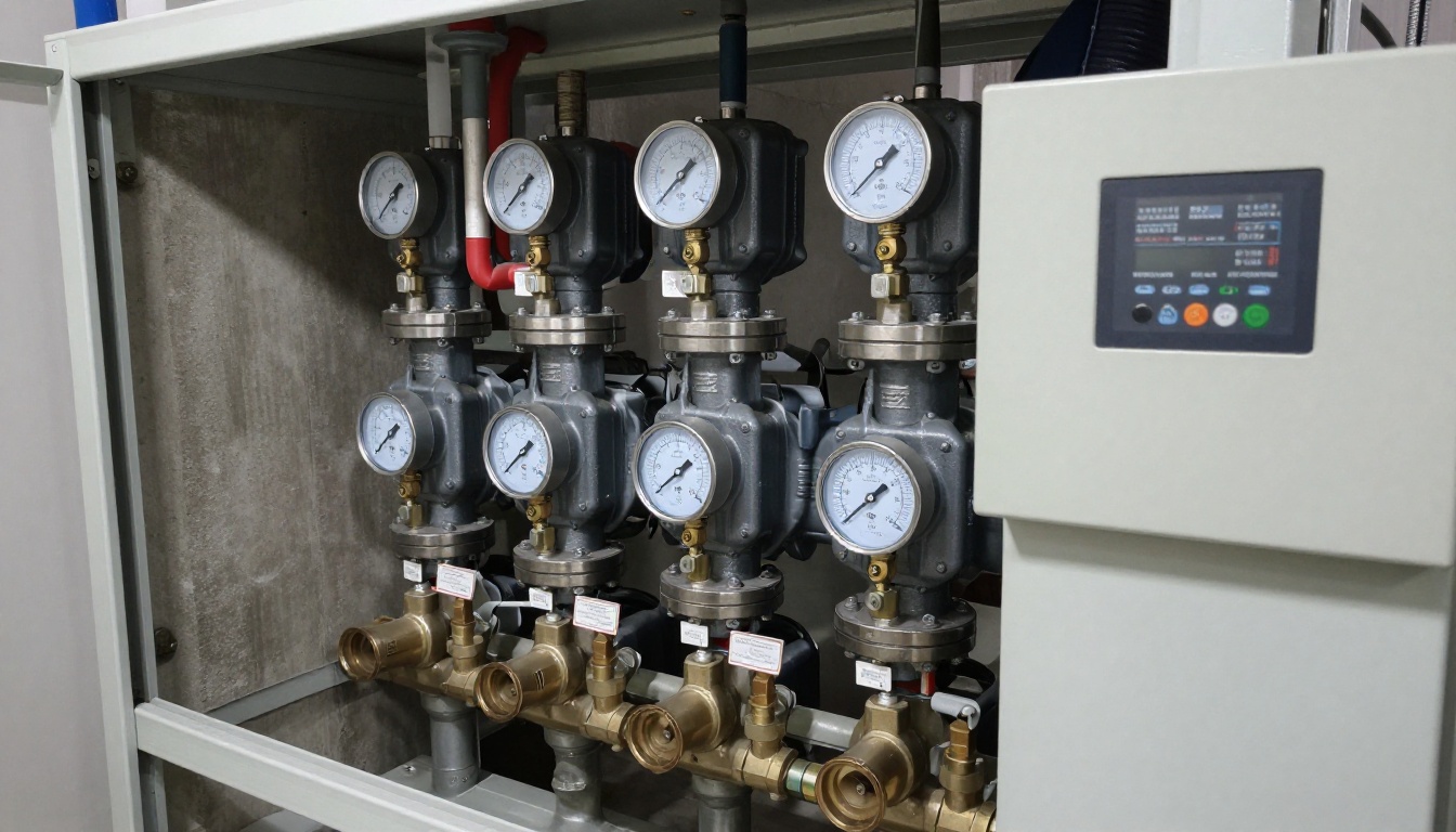 A close-up of a condominium domestic water booster pump skid in a high-rise mechanical room, showing horizontal multistage pumps, pressure gauges, brass valves, stainless headers, and a VFD control panel, with no people visible