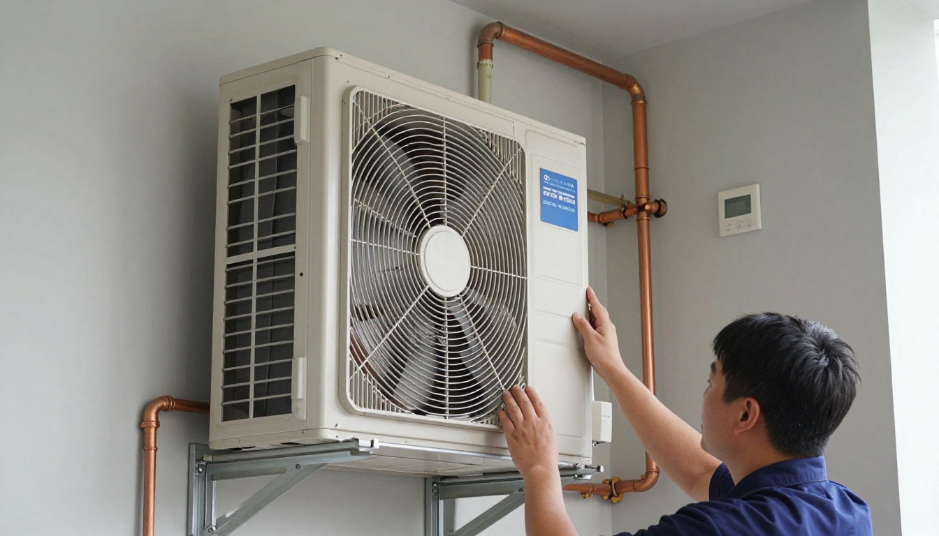 HVAC technician inspecting an in-suite fan coil cabinet in a modern Markham condo mechanical closet HVAC technician inspecting an in-suite fan coil cabinet in a modern Markham condo mechanical closet