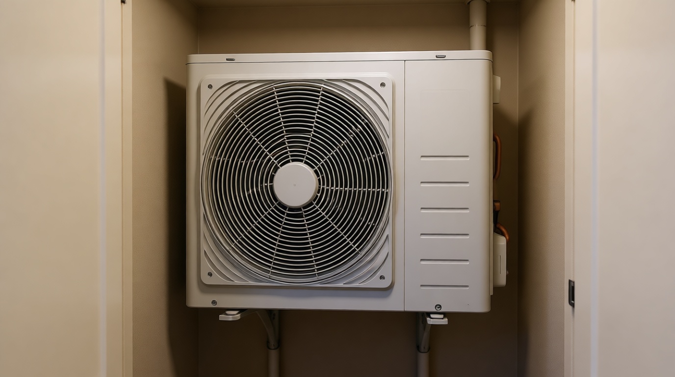 Close-up of a fan coil unit installed inside a condo utility closet.