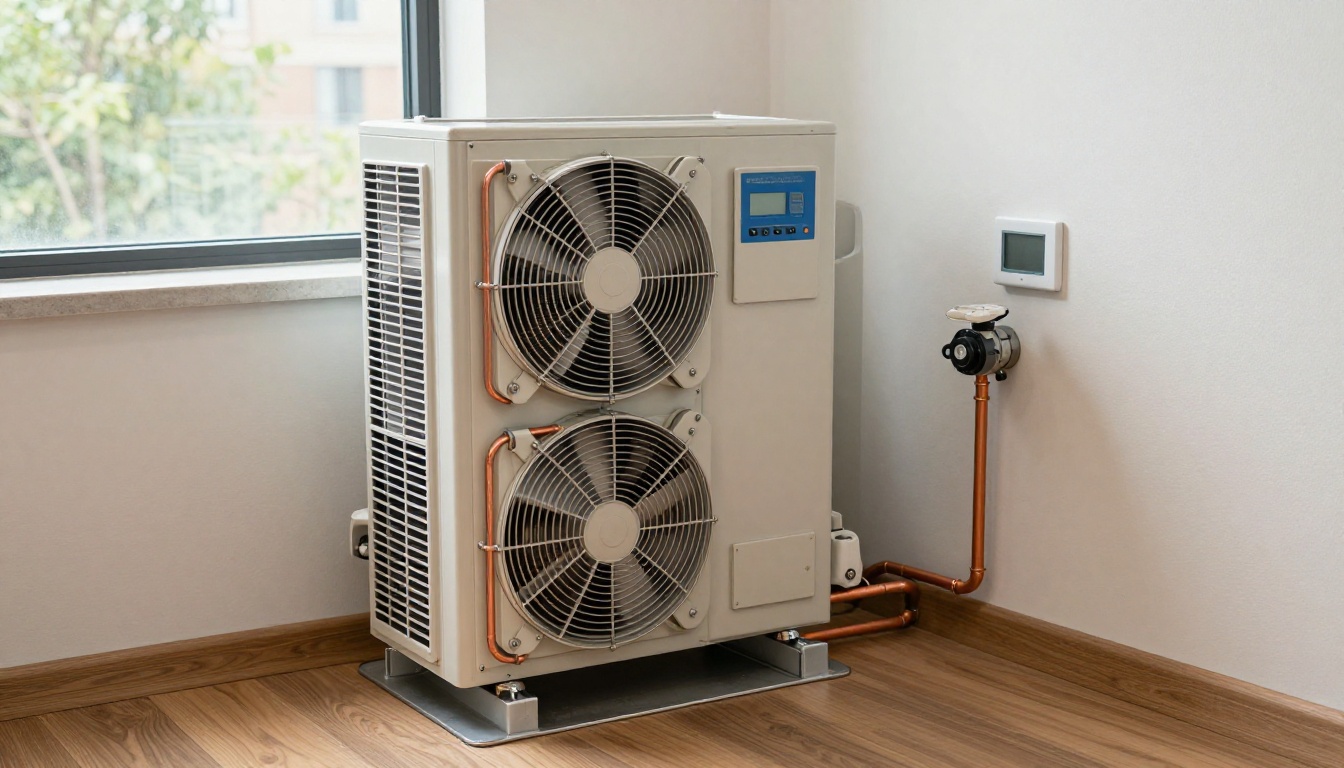 A tall vertical condo fan coil unit inside a modern Toronto condo closet with the access panel open, showing a technician’s gloved hands inspecting the blower section and drain pan, natural fall light from a nearby window