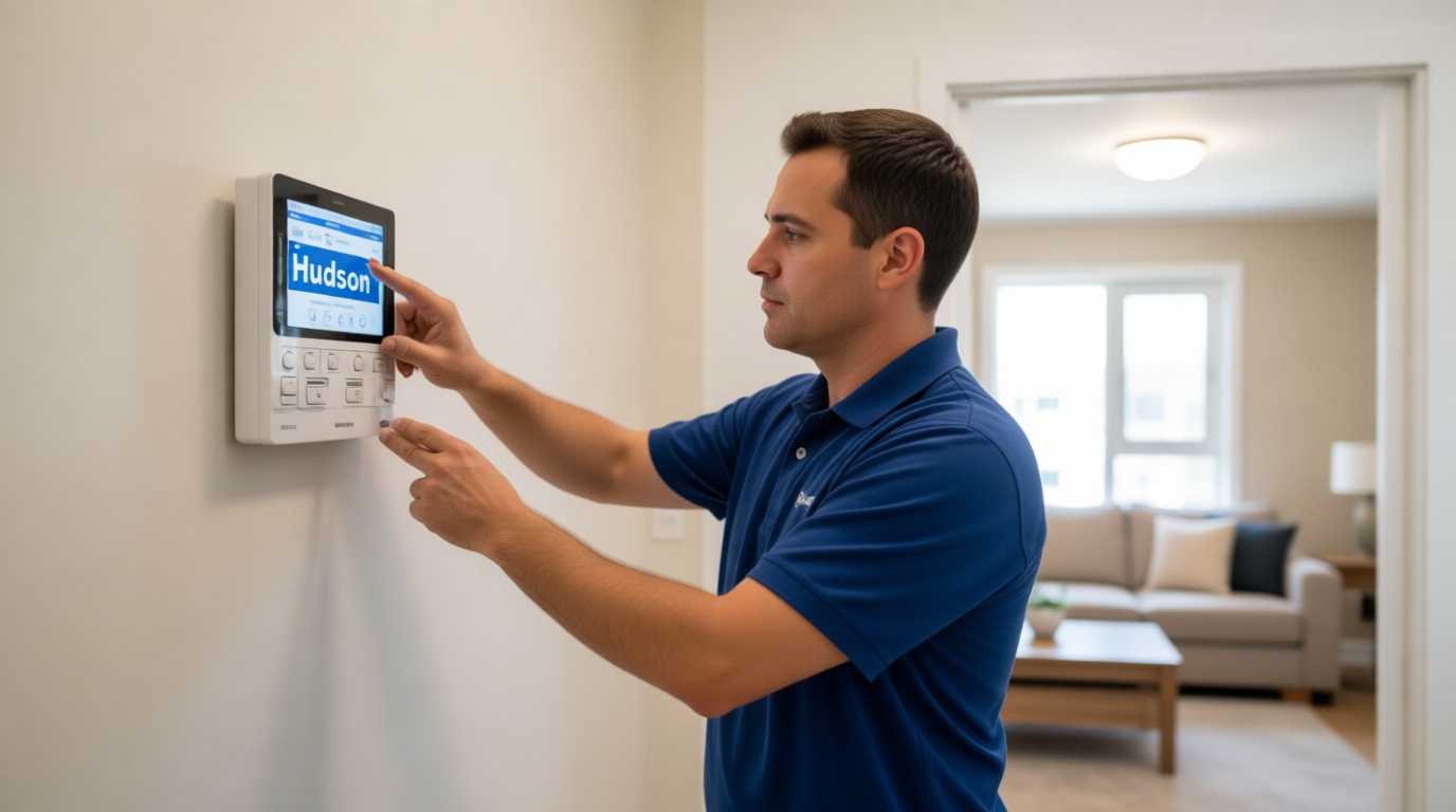 A Hudson HVAC technician adjusting a smart thermostat in a Toronto condo living room