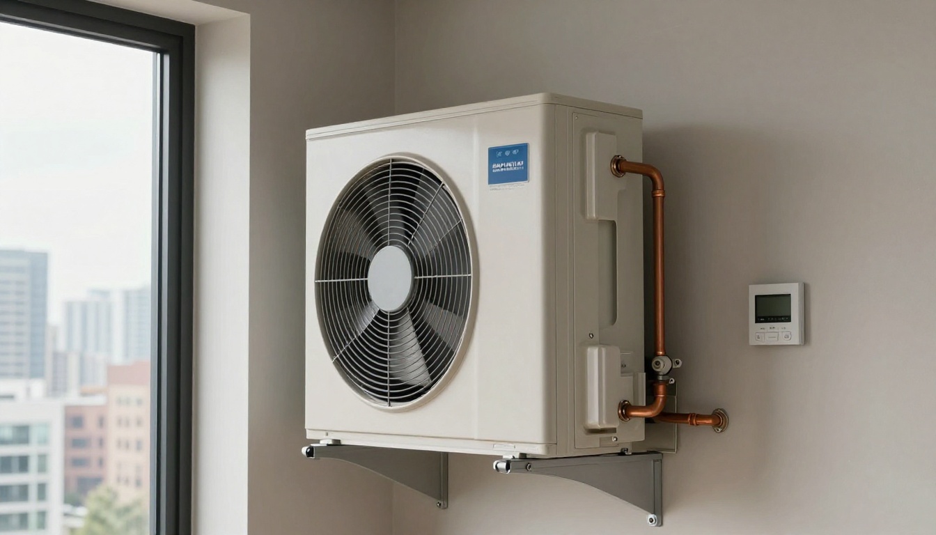 View of a modern fan coil unit inside a North York condo with city skyline visible through the window. View of a modern fan coil unit inside a North York condo with city skyline visible through the window.