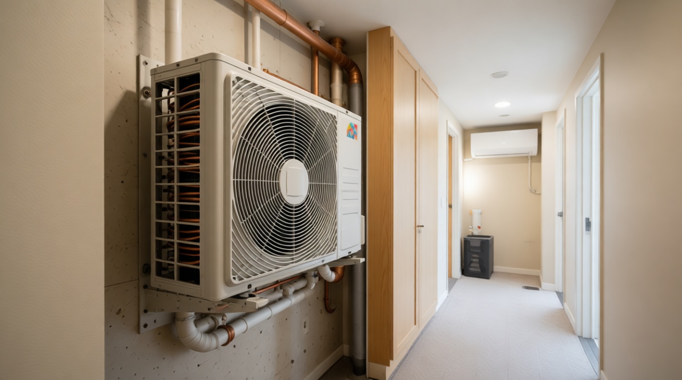 Close-up of a frozen condensate line on a fan coil unit during a Toronto winter