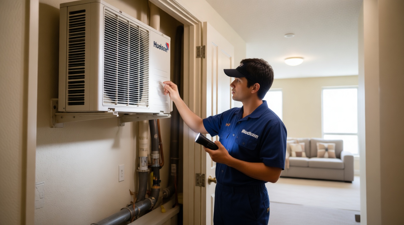 A Hudson HVAC technician inspecting a condo fan coil unit with a flashlight in a Toronto high-rise