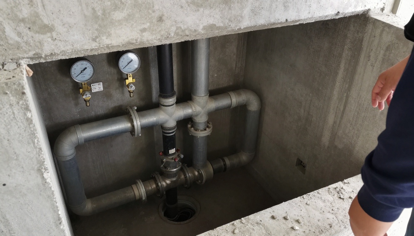 Mechanical room and parking garage drainage piping in a condominium, with inspection equipment set near a floor cleanout and overhead sanitary piping visible