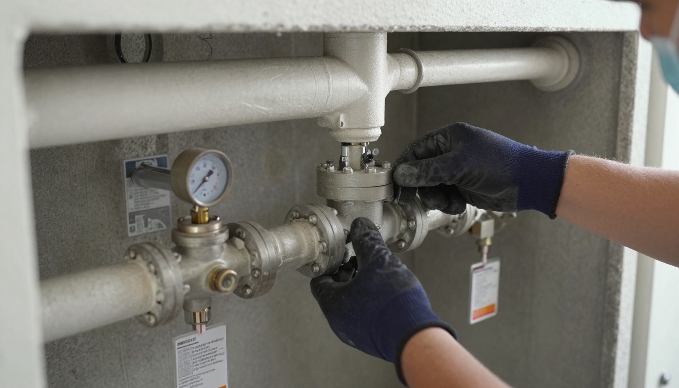 A plumber's gloved hands installing a new grooved or flanged isolation valve on a horizontal domestic water line in a high-rise mechanical room, with adjacent tagged piping and tools nearby A plumber’s gloved hands installing a new grooved or flanged isolation valve on a horizontal domestic water line in a high-rise mechanical room, with adjacent tagged piping and tools nearby