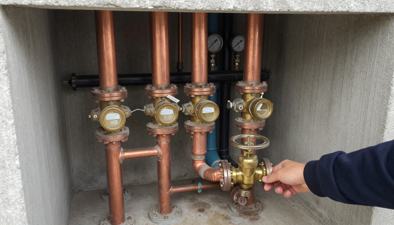 Brass sectional valves on copper domestic water mains in a Toronto condominium mechanical room, with identification tags, adjacent strainers and insulated piping, showing age, corrosion and limited working clearance