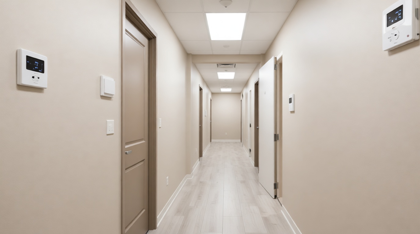 Modern high-rise condo hallway in Richmond Hill with HVAC equipment. Photorealistic.