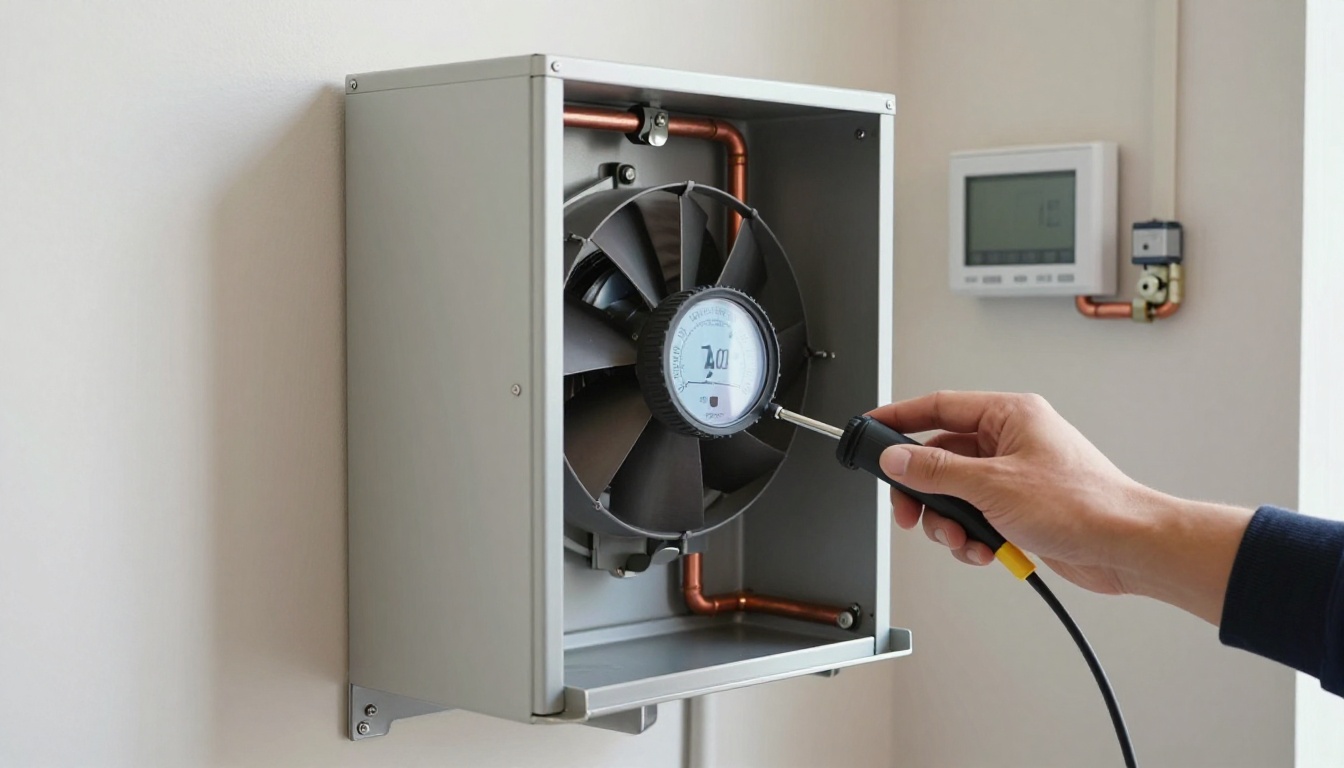 Close-up of a diagnostic tool measuring air flow in a condo HVAC system during an energy audit