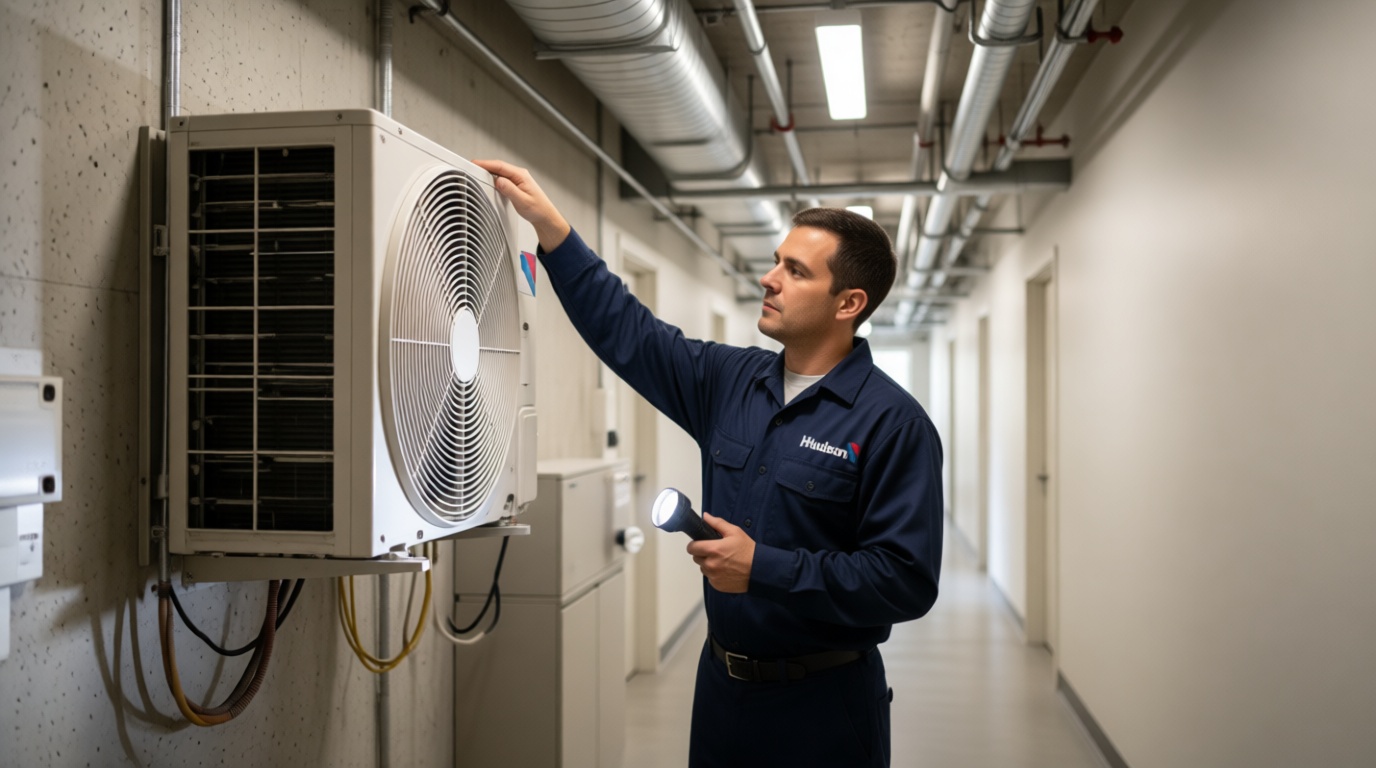 A Hudson HVAC technician inspecting a condo fan coil unit with a flashlight