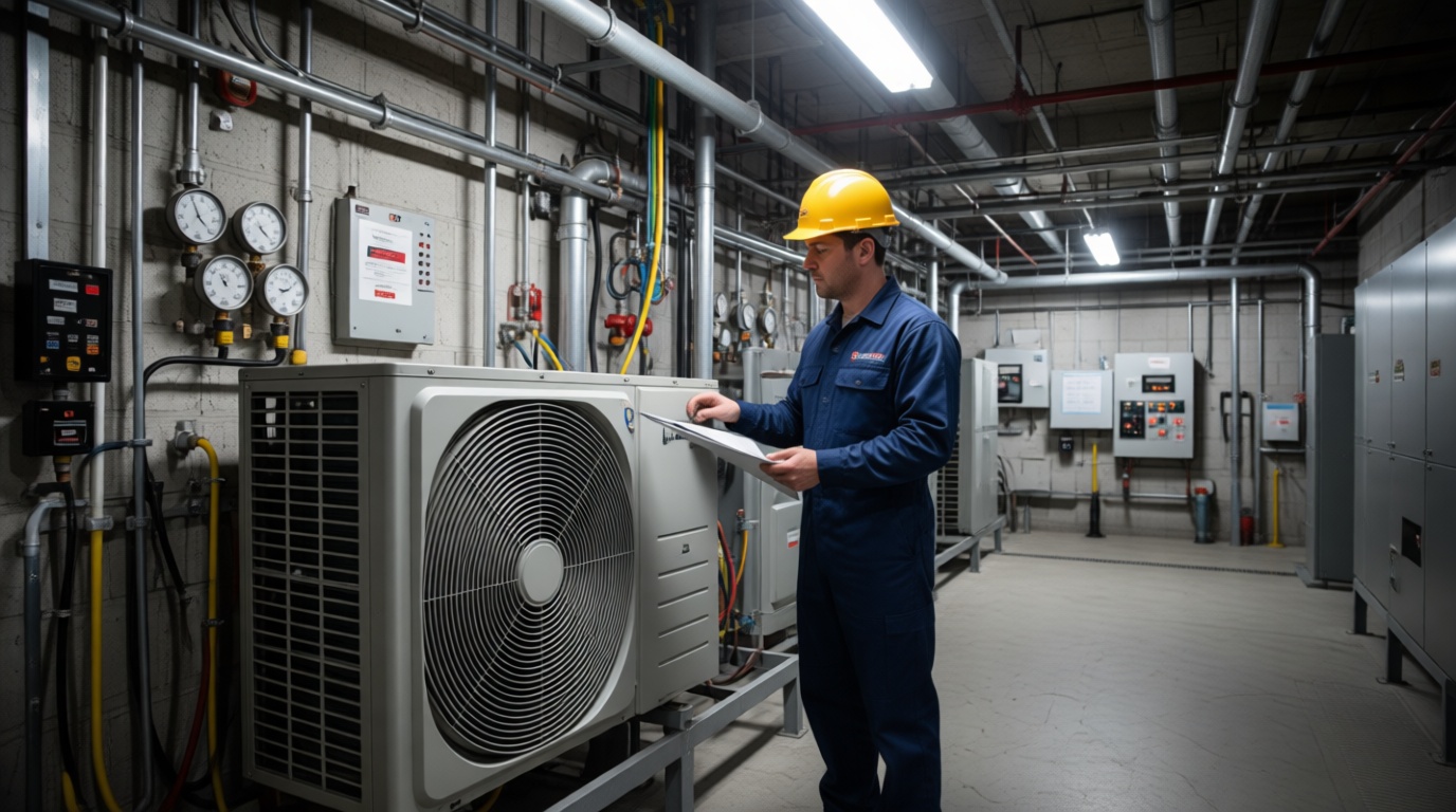 A Hudson HVAC technician inspecting a condo heat pump in a Toronto high-rise A Hudson HVAC technician inspecting a condo heat pump in a Toronto high-rise