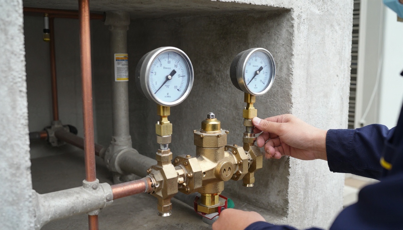 A brass pressure reducing valve assembly with pressure gauges on copper piping in a high-rise mechanical room, with an older isolation valve adjacent and service tags visible A brass pressure reducing valve assembly with pressure gauges on copper piping in a high-rise mechanical room, with an older isolation valve adjacent and service tags visible