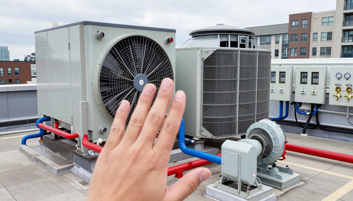 Close-up of a cooling tower fan during maintenance on a Toronto condo rooftop