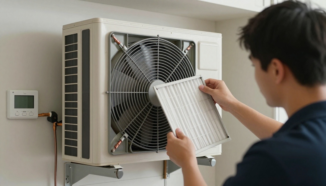 Close-up of a condo HVAC technician cleaning a blower wheel and inspecting a pleated filter beside a vertical fan coil cabinet in a clean modern North York condo closet