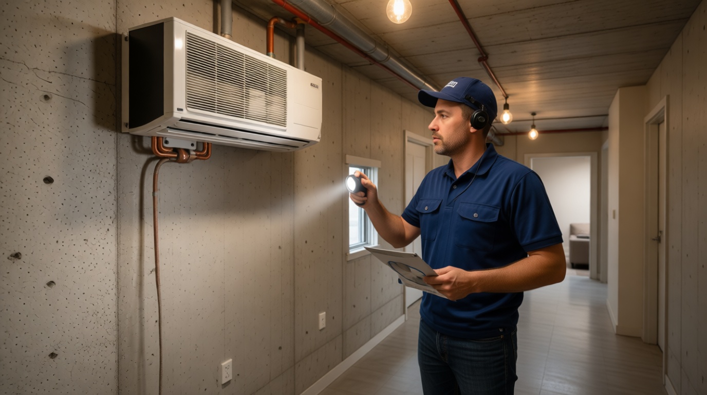 A Hudson HVAC technician inspecting a condo fan coil unit with a flashlight in a Toronto high-rise A Hudson HVAC technician inspecting a condo fan coil unit with a flashlight in a Toronto high-rise