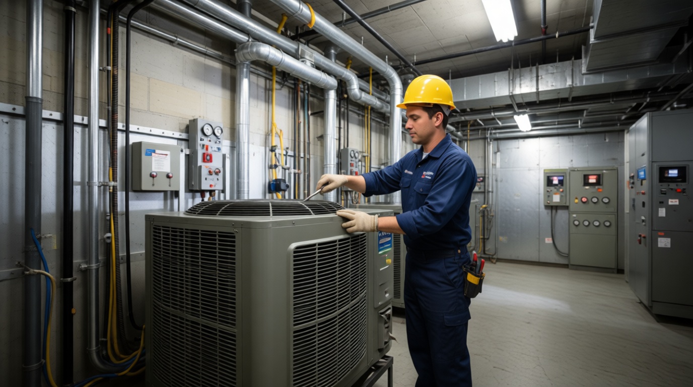 A Hudson HVAC technician performing a spring tune-up on a condo heat pump unit