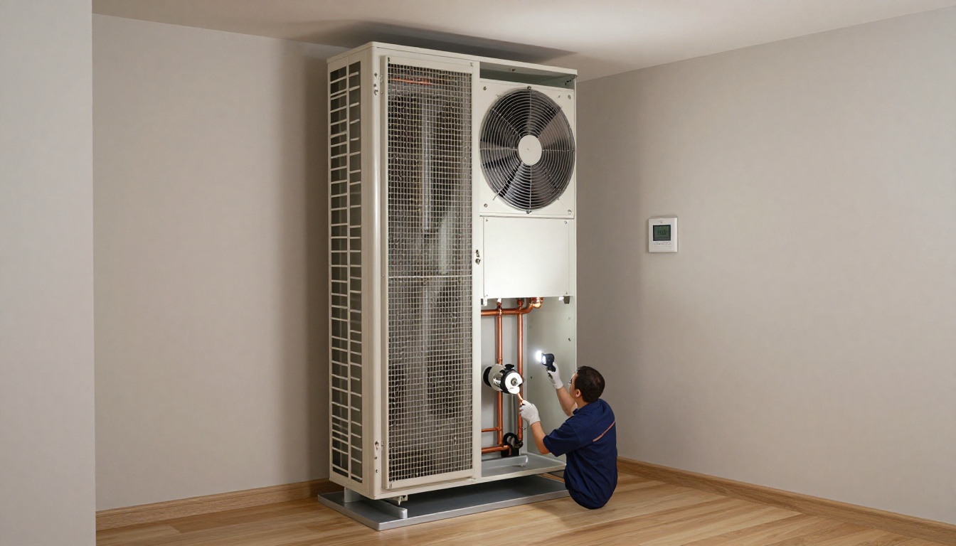 A tall vertical condo fan coil cabinet open inside a modern Toronto suite closet, showing filter, blower section, copper piping, and a technician&rsquo;s gloved hands inspecting the coil with a flashlight