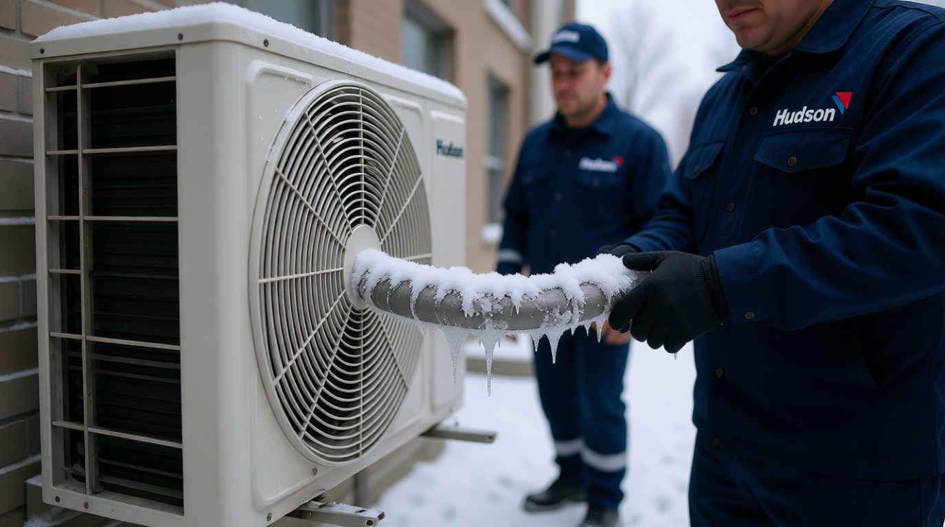 Close-up of a frozen condensate line on a fan coil unit during a Toronto winter