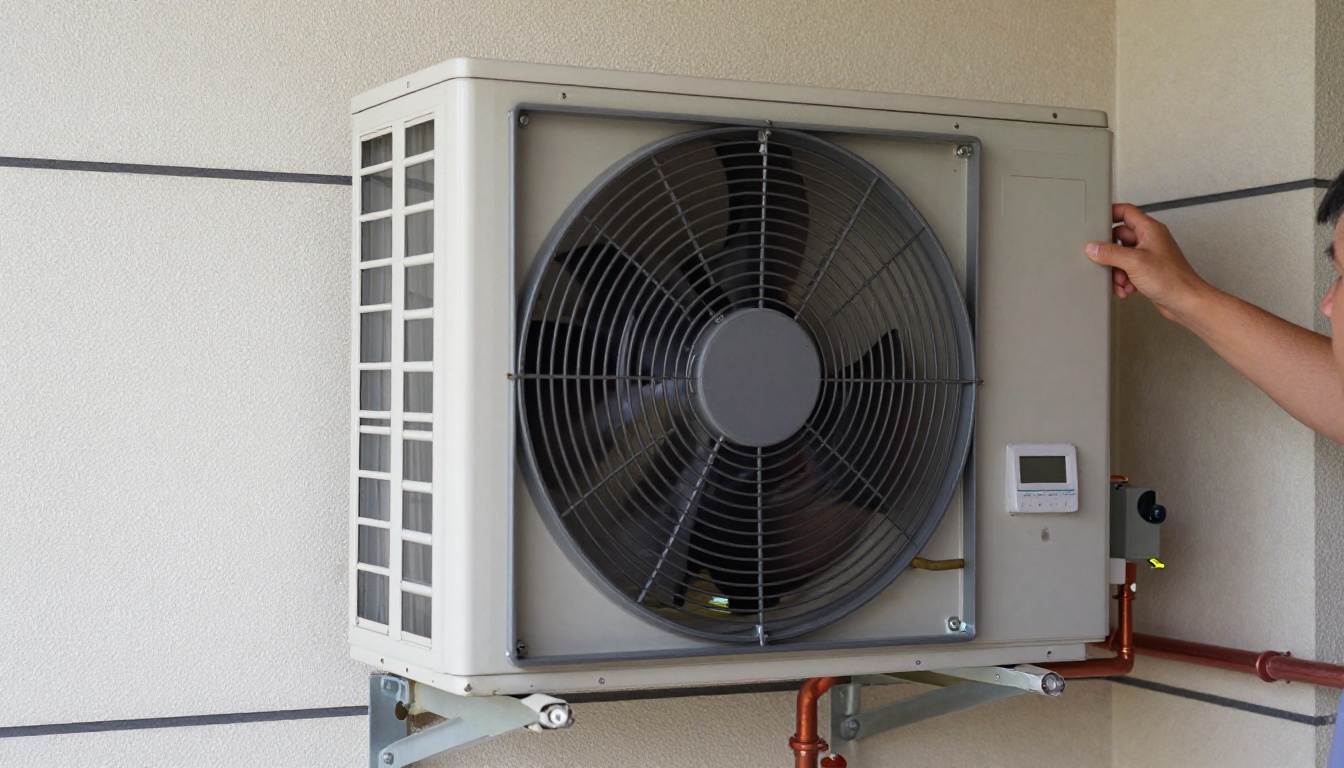 Close-up of an indoor condo heat pump cabinet being serviced in a Richmond Hill high-rise suite, fall lighting, one technician Close-up of an indoor condo heat pump cabinet being serviced in a Richmond Hill high-rise suite, fall lighting, one technician