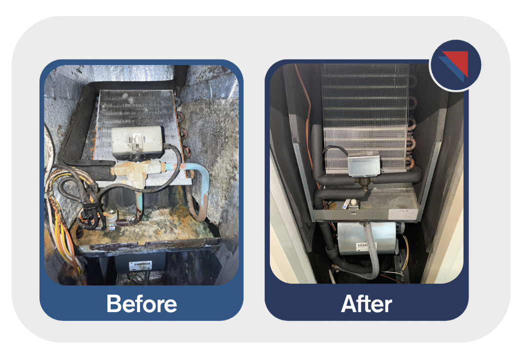 Technician performing fan coil mould remediation in a Toronto condo suite