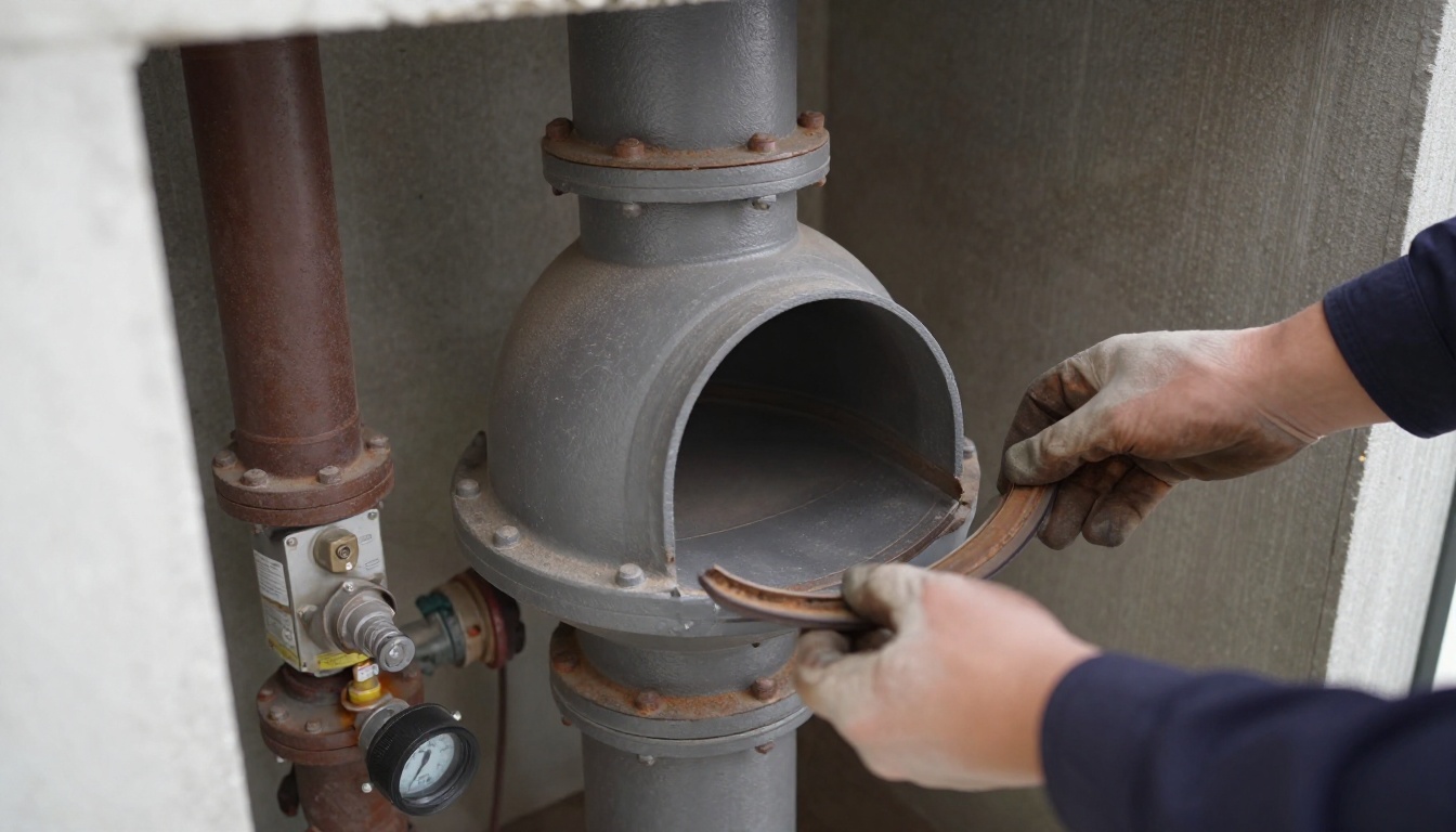A close-up of a dull grey cast iron condominium vent or waste stack with a cleanout opening in a service room, with a technician&rsquo;s gloved hands preparing inspection equipment nearby