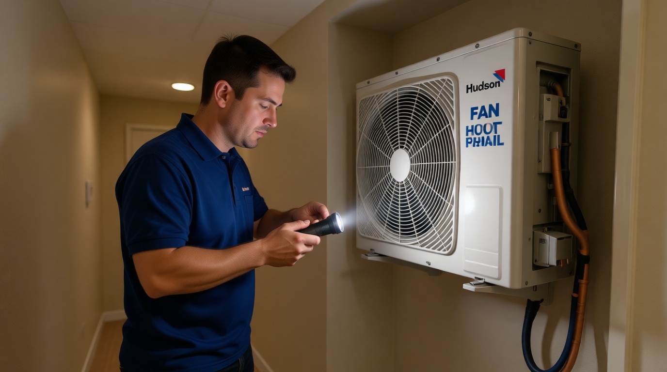 A Hudson HVAC technician inspecting a condo fan coil unit with a flashlight in a Toronto high-rise