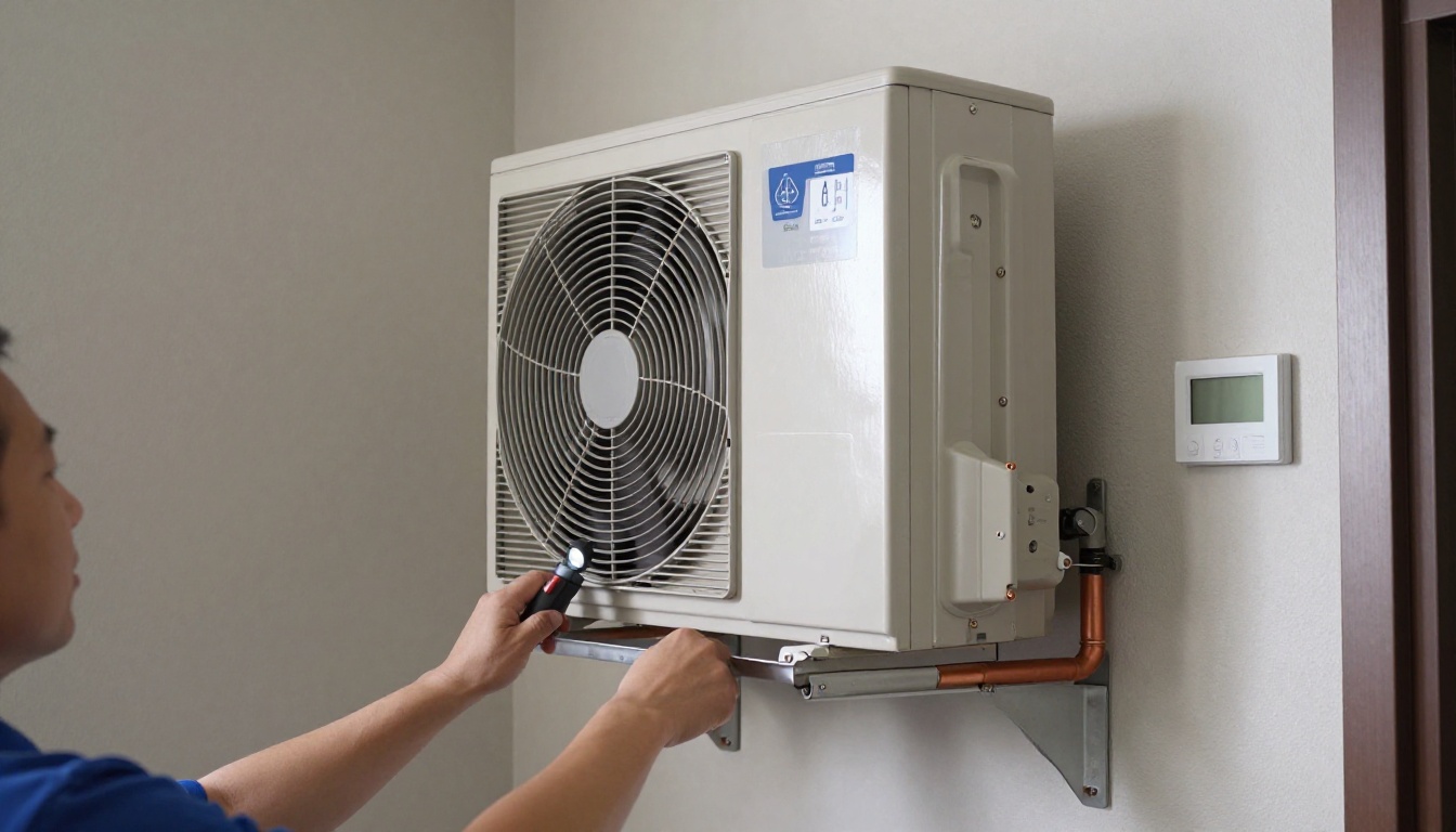 A Hudson HVAC technician inspecting a condo fan coil unit with a flashlight in a Toronto high-rise