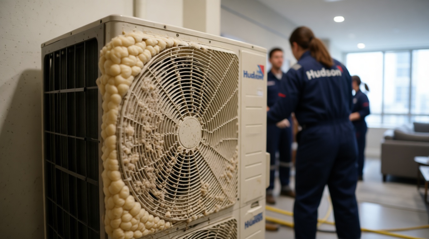 Close-up of mold growth on HVAC insulation inside a Toronto condo