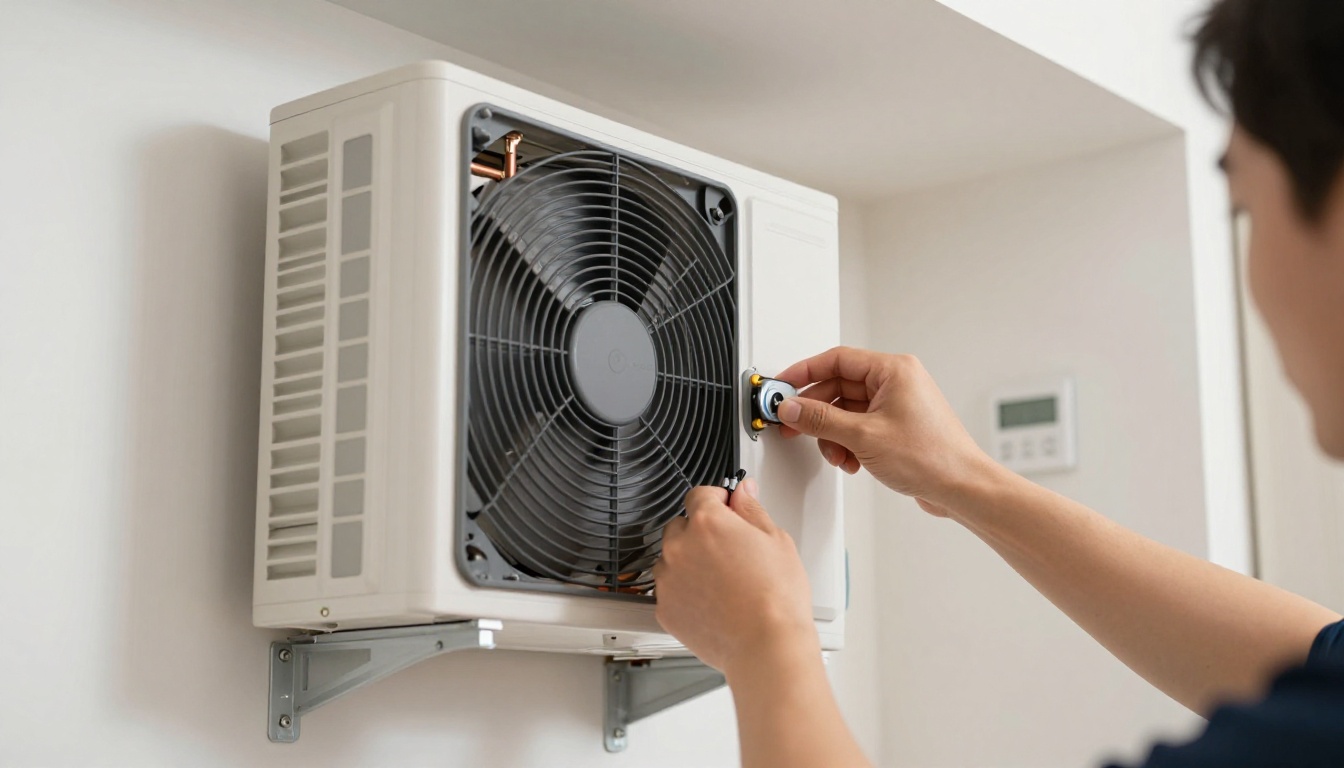 Close-up of a technician&rsquo;s hands installing a new wall-mounted heat pump in a modern condo interior