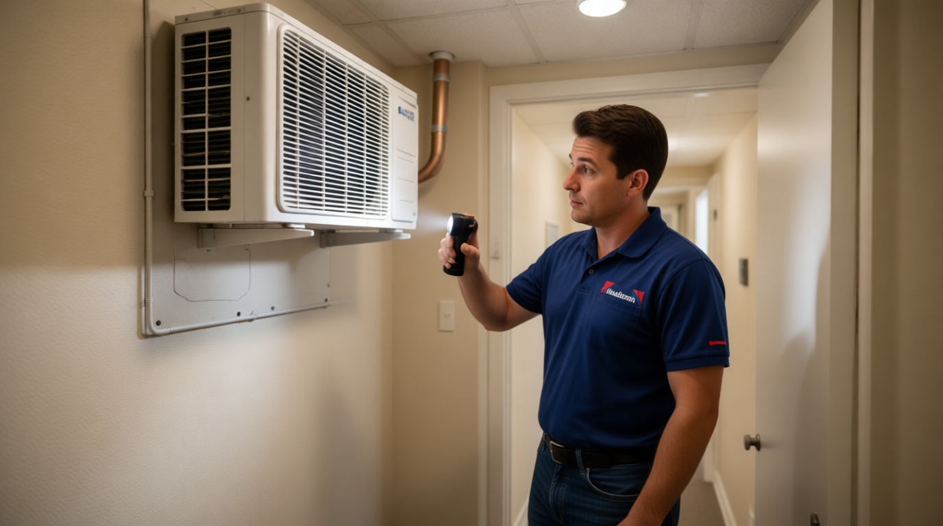 A Hudson HVAC technician inspecting a condo fan coil unit with a flashlight in a Toronto high-rise A Hudson HVAC technician inspecting a condo fan coil unit with a flashlight in a Toronto high-rise