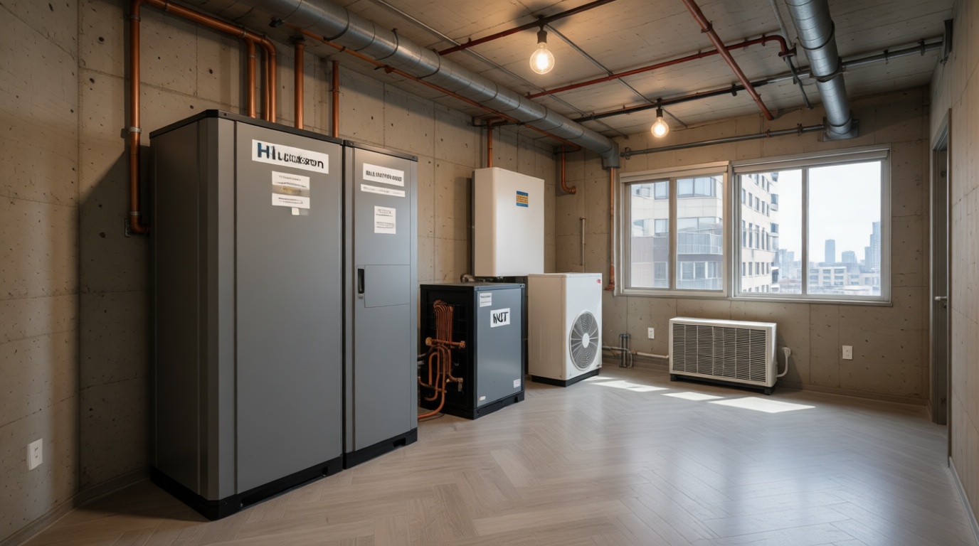 Inside a condo mechanical room showing boilers and chillers with label tags in a Toronto high-rise
