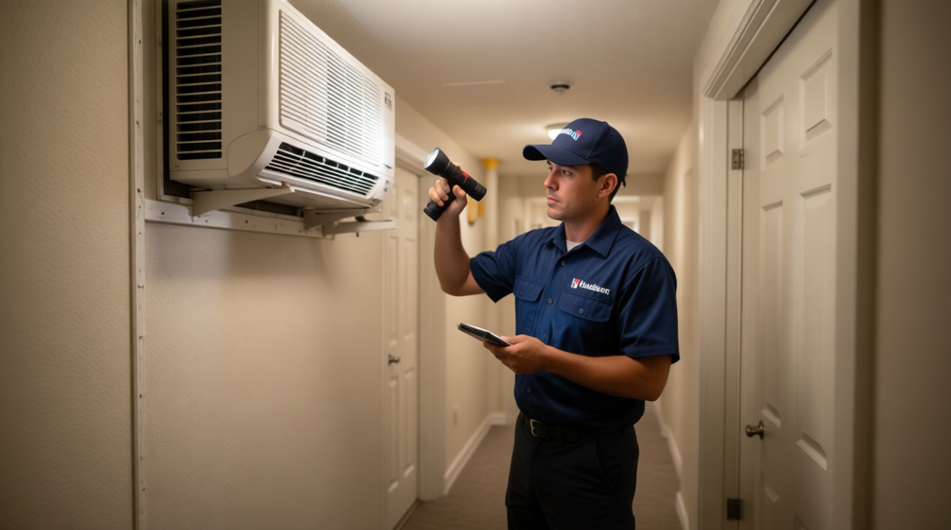 A Hudson HVAC technician inspecting a condo fan coil unit with a flashlight in a Toronto high-rise