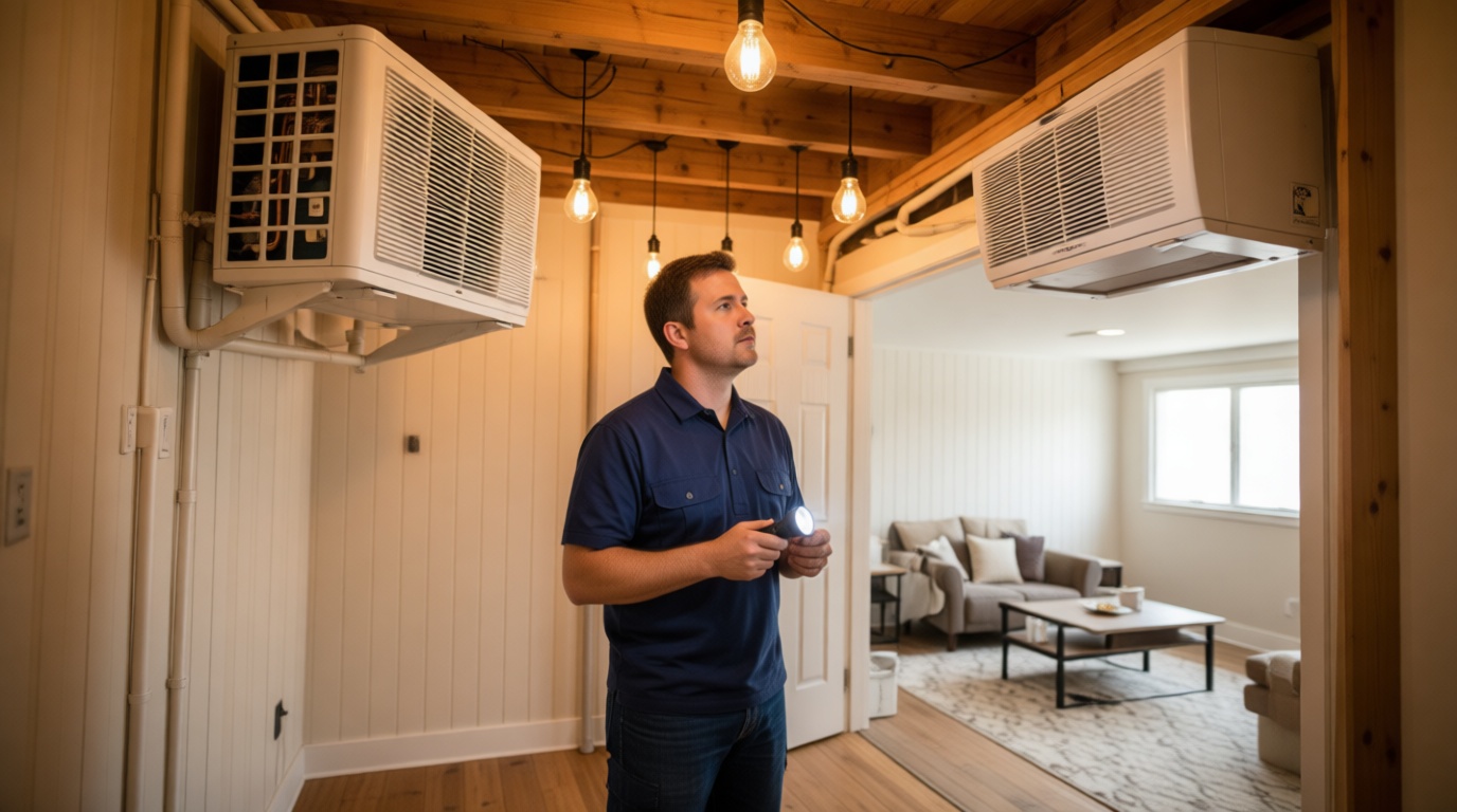 A Hudson HVAC technician inspecting a condo fan coil unit with a flashlight in a Toronto high-rise A Hudson HVAC technician inspecting a condo fan coil unit with a flashlight in a Toronto high-rise