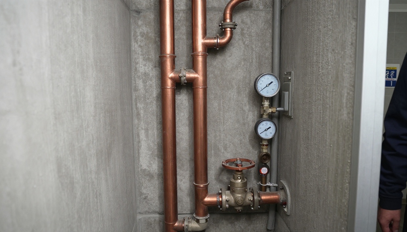 Vertical insulated copper domestic water risers with tagged sectional valves inside a narrow condominium riser closet in a Toronto high-rise, with one opened wall section showing aging pipe and branch takeoffs