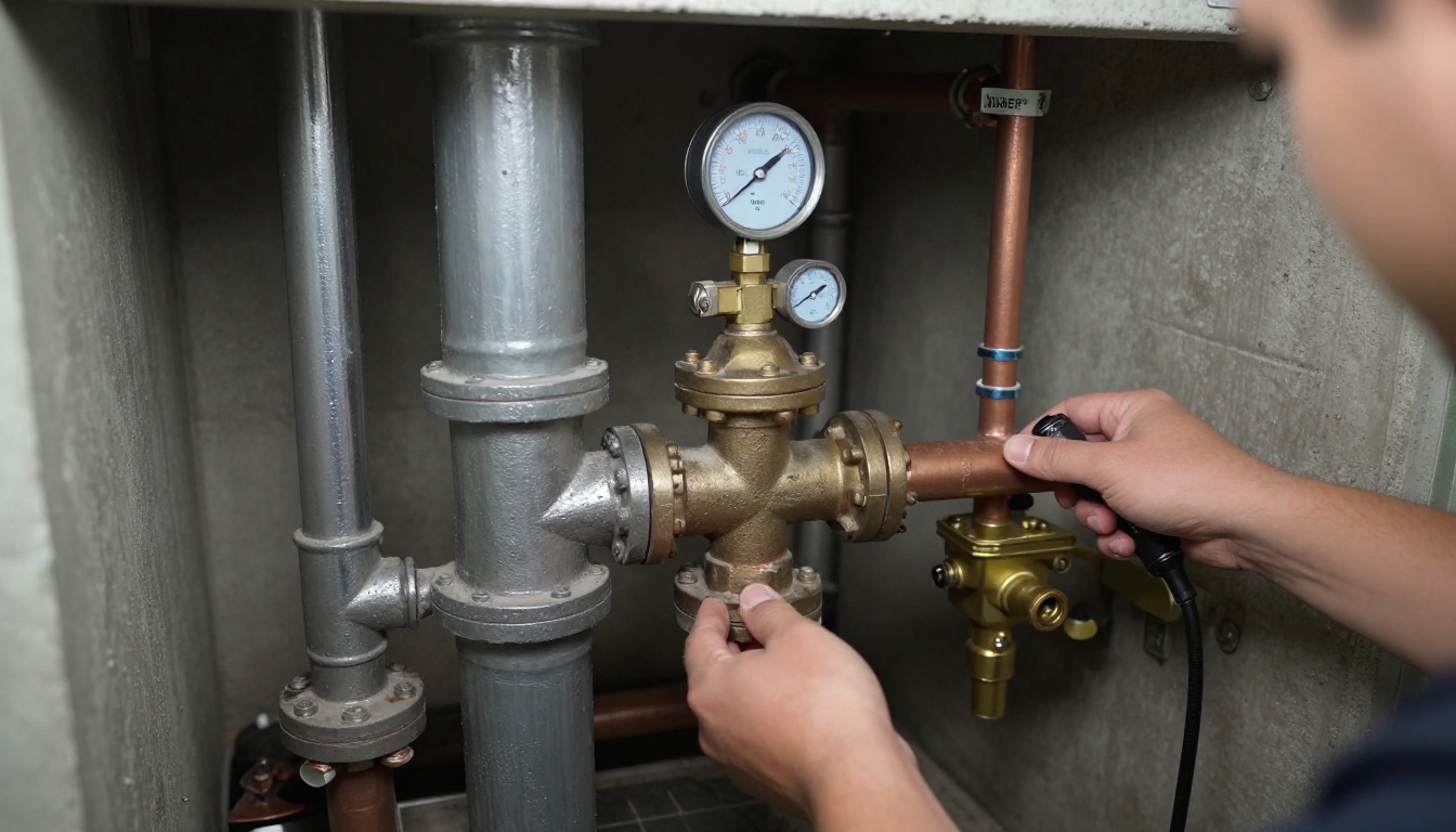 A close-up camera view monitor and nearby cast iron stack cleanout in a high-rise mechanical room, showing post-cleaning inspection setup with a plumber’s gloved hands and service corridor background A close-up camera view monitor and nearby cast iron stack cleanout in a high-rise mechanical room, showing post-cleaning inspection setup with a plumber’s gloved hands and service corridor background