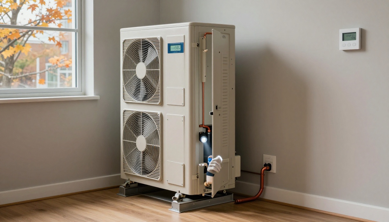 A tall vertical condo fan coil unit inside a modern Toronto suite closet with the access panel open, showing a technician&rsquo;s gloved hands inspecting the blower section and drain pan with a flashlight