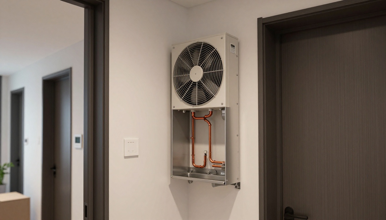 Modern high-rise condo hallway in Mississauga, featuring sleek interior and HVAC system components. Modern high-rise condo hallway in Mississauga, featuring sleek interior and HVAC system components.