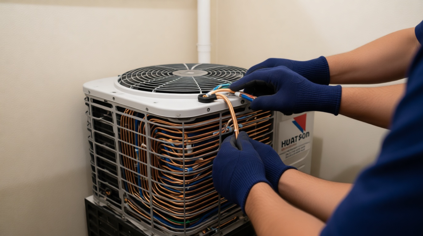 A Hudson HVAC technician servicing a compressor in a Toronto condo.
