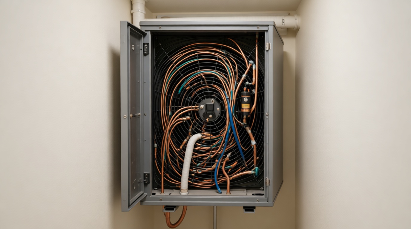 Close-up of a condensate pump installed inside a fan coil unit. Close-up of a condensate pump installed inside a fan coil unit.
