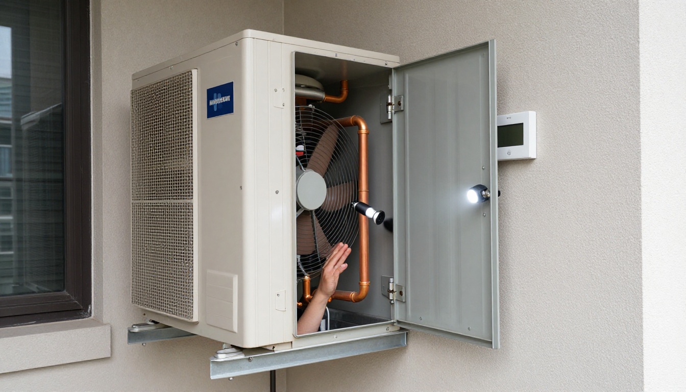 A Hudson HVAC technician inspecting a condo fan coil unit with a flashlight in a Toronto high-rise A Hudson HVAC technician inspecting a condo fan coil unit with a flashlight in a Toronto high-rise