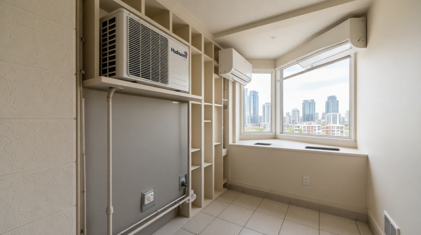 Condo building skyline in Mississauga with HVAC equipment visible through windows